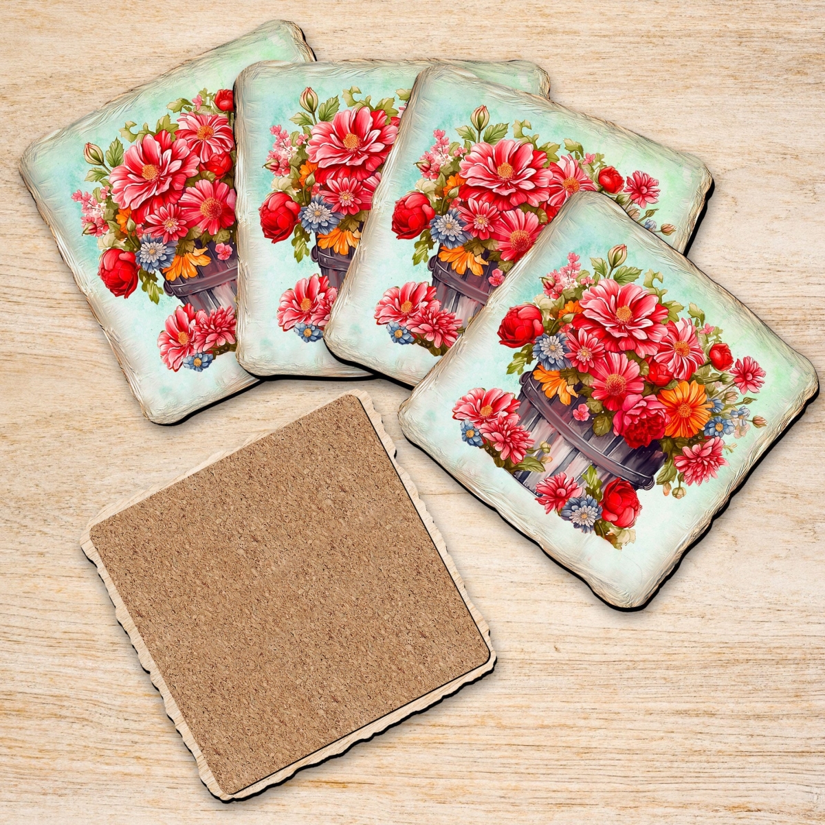 Picture of G. Debrekht 95405C-S4 Flowers in the Basket Wooden Cork Coasters Gift Set of 4 by Nature Wonders