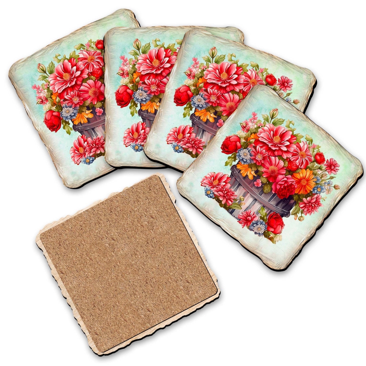Picture of G. Debrekht 95405C-S4 Flowers in the Basket Wooden Cork Coasters Gift Set of 4 by Nature Wonders