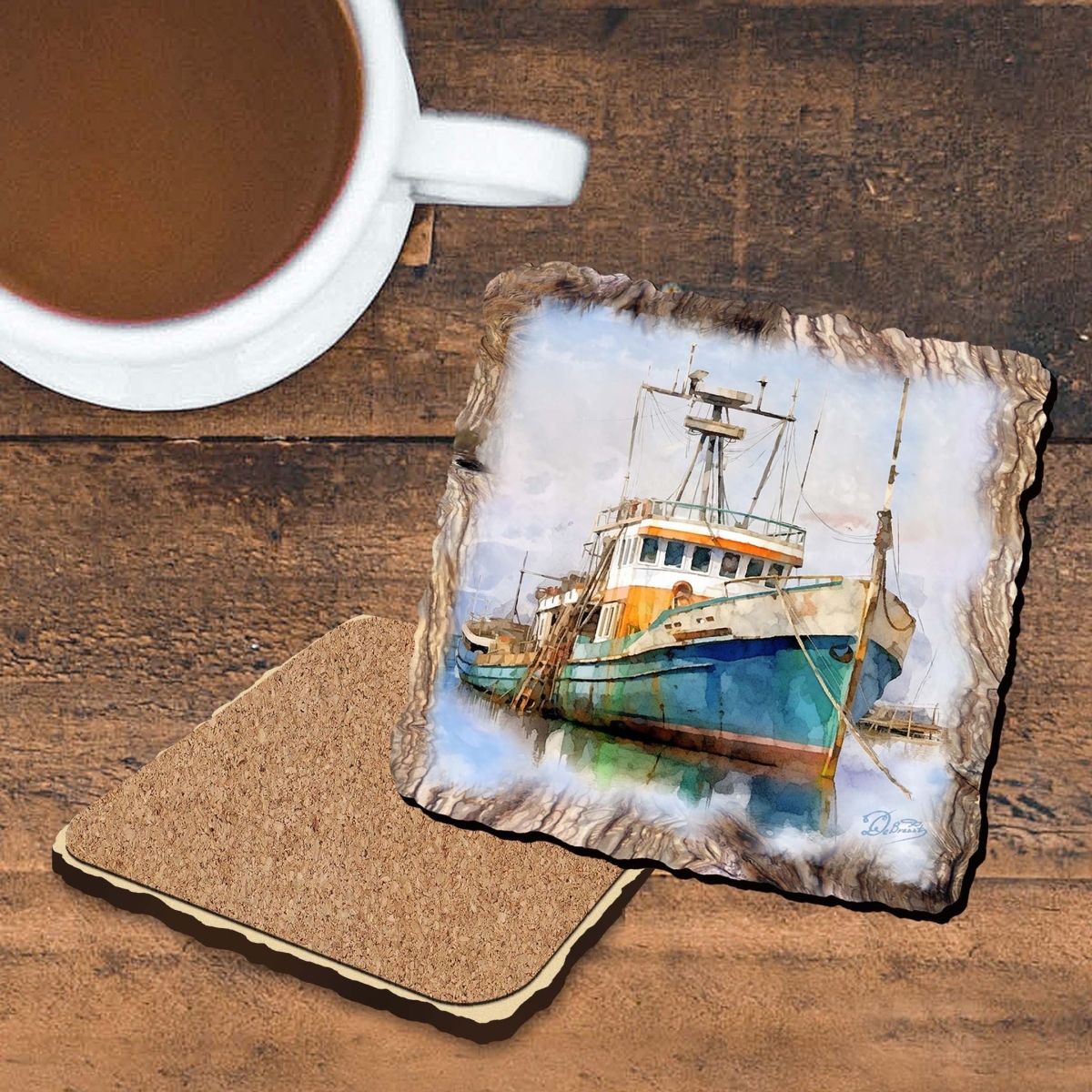 Picture of G. Debrekht 95402C-S4 Fishing Boats Wooden Cork Coasters Gift Set of 4 by Nature Wonders