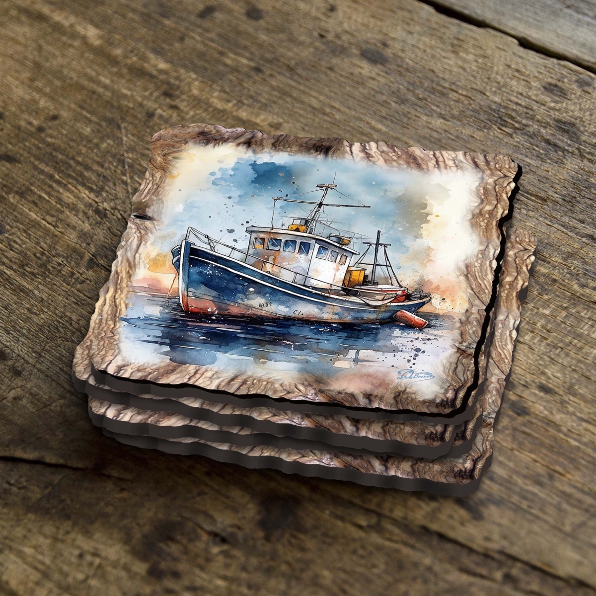 Picture of G. Debrekht 95402C-S4 Fishing Boats Wooden Cork Coasters Gift Set of 4 by Nature Wonders