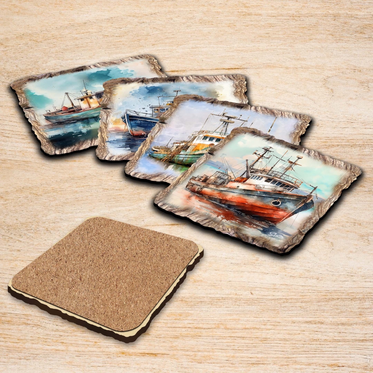 Picture of G. Debrekht 95402C-S4 Fishing Boats Wooden Cork Coasters Gift Set of 4 by Nature Wonders