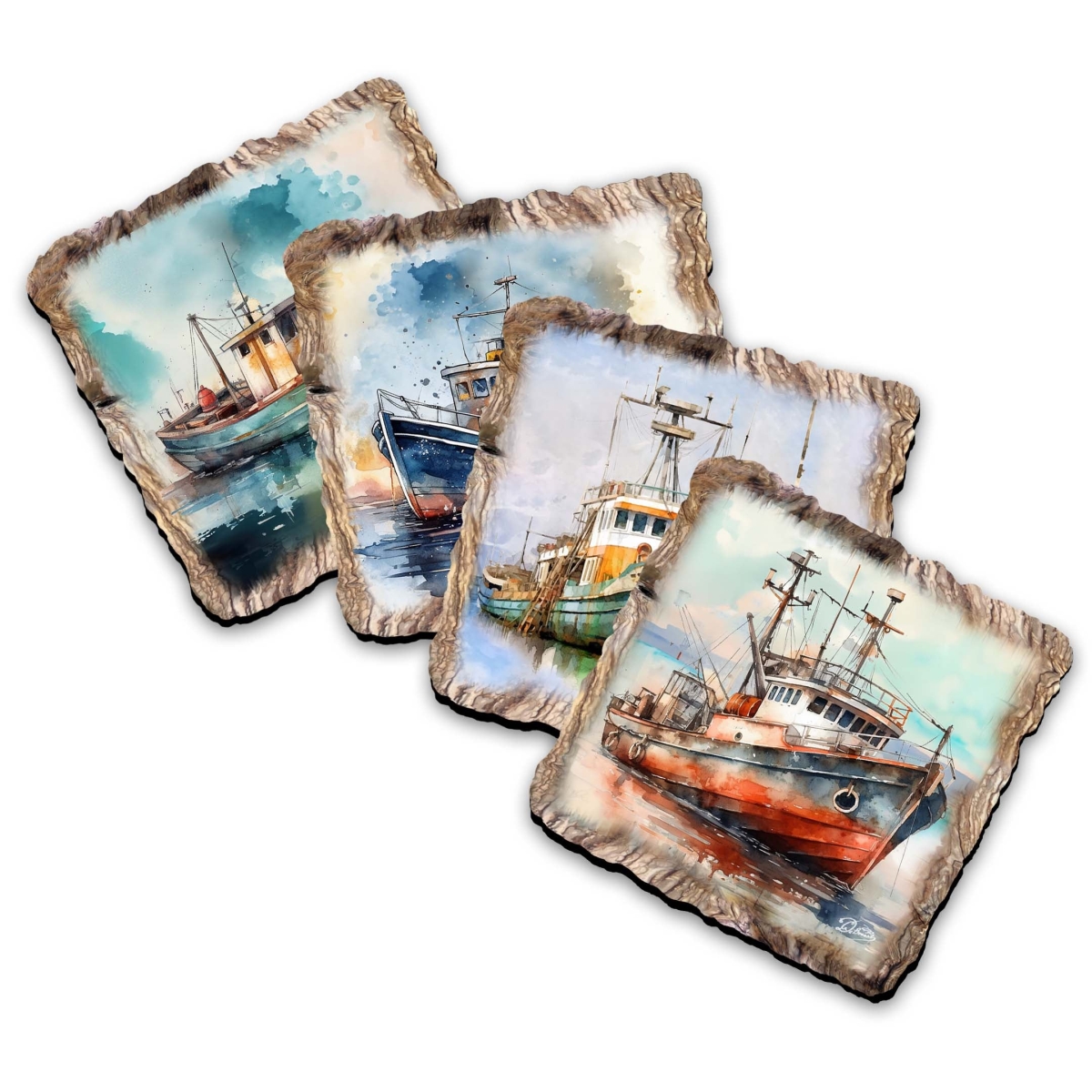 Picture of G. Debrekht 95402C-S4 Fishing Boats Wooden Cork Coasters Gift Set of 4 by Nature Wonders