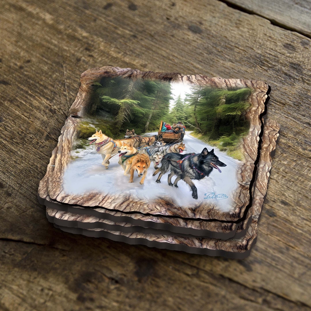 Picture of G. Debrekht 95401C-S4 Husky Ride Wooden Cork Coasters Gift Set of 4 by Nature Wonders