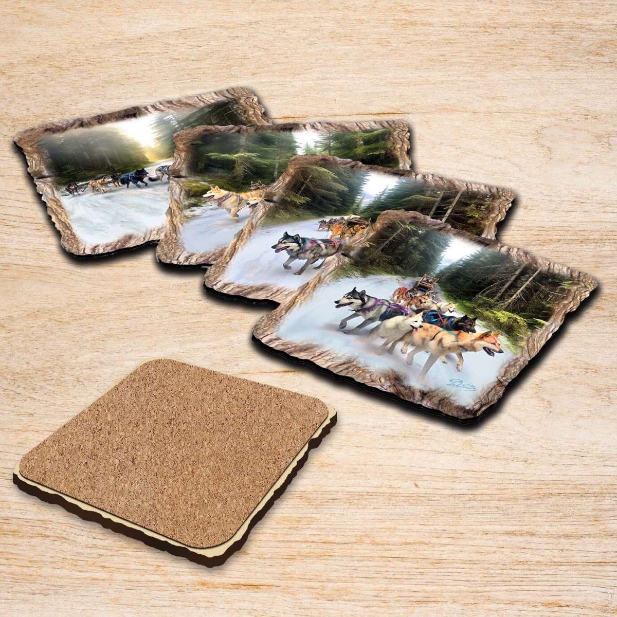 Picture of G. Debrekht 95401C-S4 Husky Ride Wooden Cork Coasters Gift Set of 4 by Nature Wonders