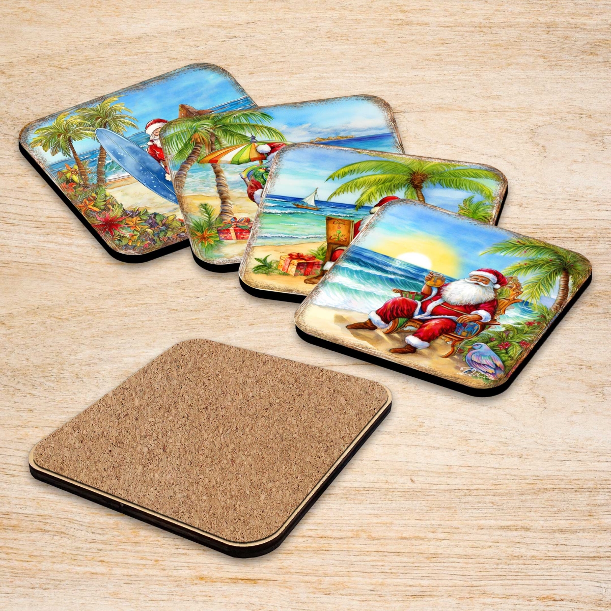 Picture of G. Debrekht 8199441C-S4 Santa on the Beach Wooden Cork Coasters Gift Set of 4 by G. Debrekht - Santa Christmas Decor