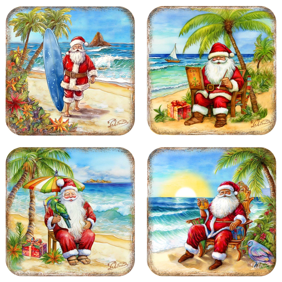 Picture of G. Debrekht 8199441C-S4 Santa on the Beach Wooden Cork Coasters Gift Set of 4 by G. Debrekht - Santa Christmas Decor