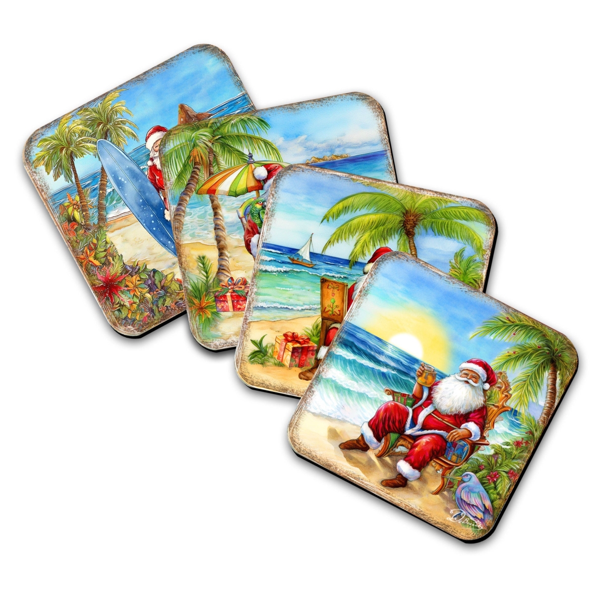 Picture of G. Debrekht 8199441C-S4 Santa on the Beach Wooden Cork Coasters Gift Set of 4 by G. Debrekht - Santa Christmas Decor