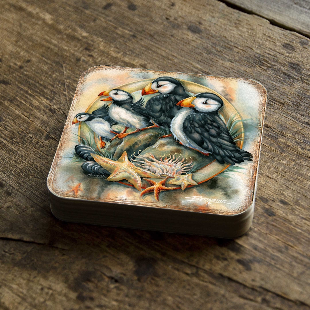 Picture of G. Debrekht 8199462C-S4 Puffins Wooden Cork Coasters Gift Set of 4 by J. Bergsma - Wildlife Decor