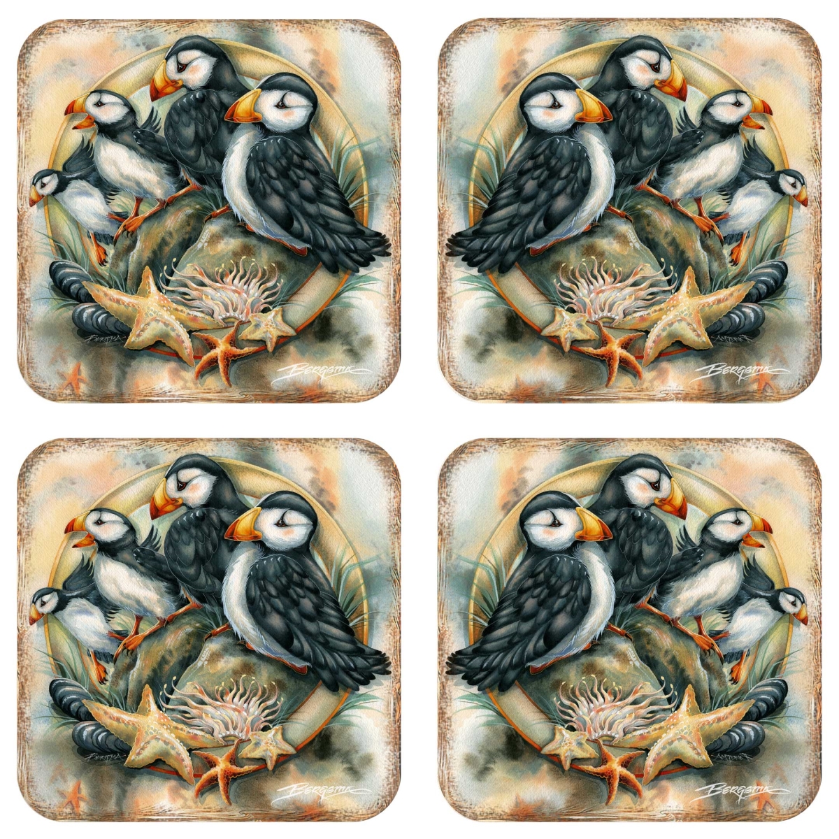 Picture of G. Debrekht 8199462C-S4 Puffins Wooden Cork Coasters Gift Set of 4 by J. Bergsma - Wildlife Decor
