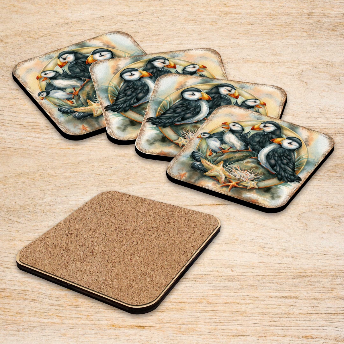 Picture of G. Debrekht 8199462C-S4 Puffins Wooden Cork Coasters Gift Set of 4 by J. Bergsma - Wildlife Decor