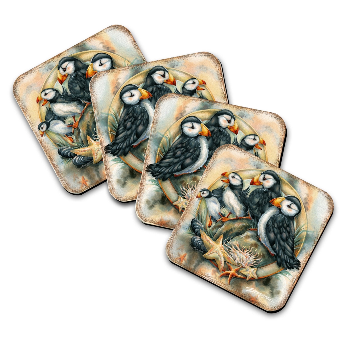 Picture of G. Debrekht 8199462C-S4 Puffins Wooden Cork Coasters Gift Set of 4 by J. Bergsma - Wildlife Decor