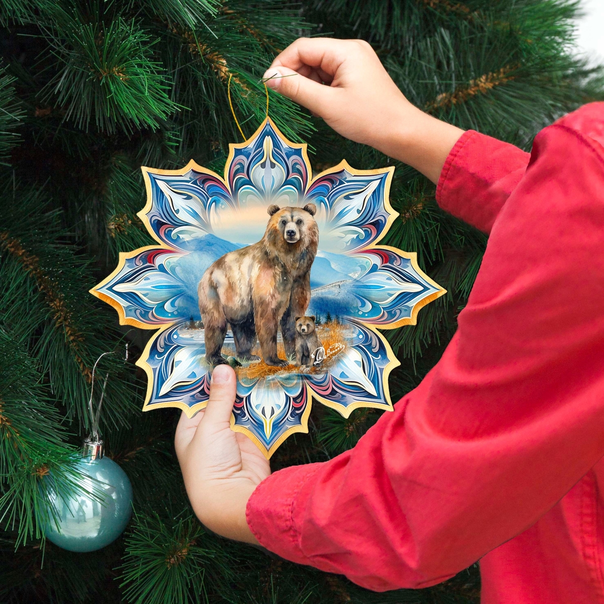 8688409M Brown Bear Snowflake Large Wooden Ornament by  - Nature Wildlife Decor