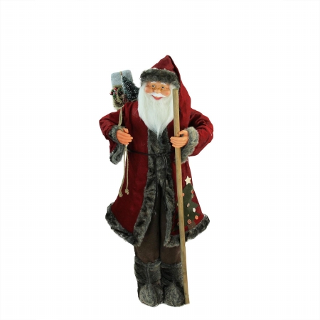 32265979 48 In. Standing Red & Brown Jolly Santa Claus Christmas Figure With Walking Stick