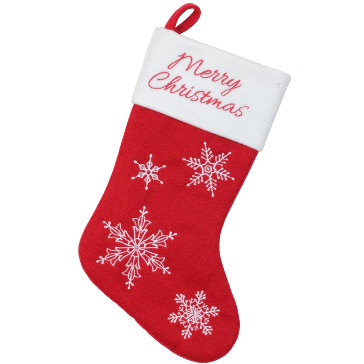 32585053 19 In. Red & White Merry Christmas Snowflake Embroidered Christmas Stocking