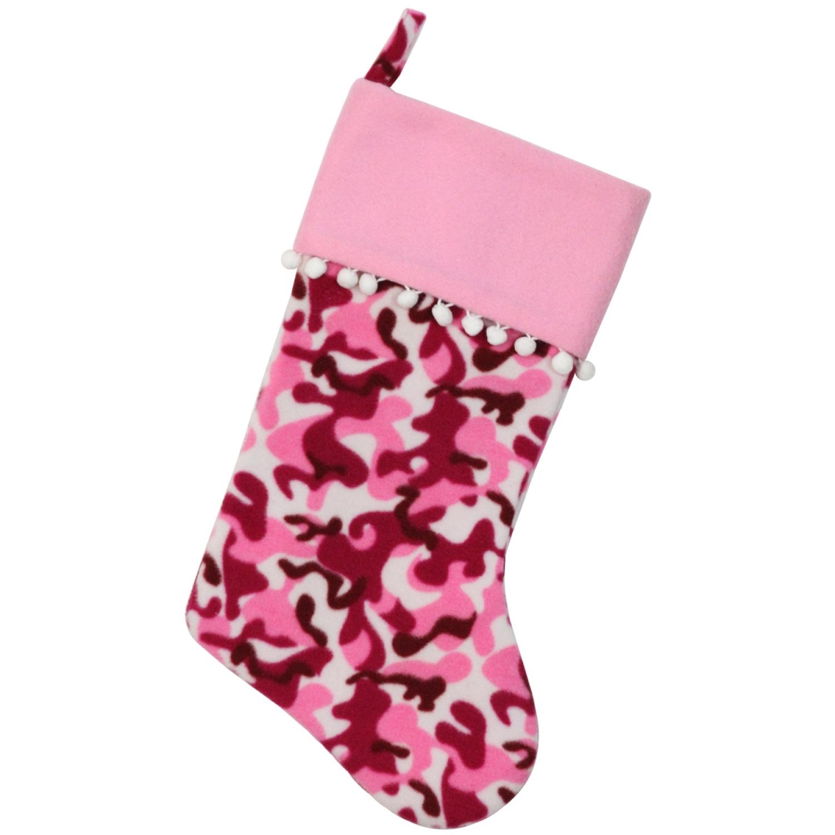 32585059 19 In. Pink & Brown Camouflage Christmas Stocking With Pink Cuff & White Poufs