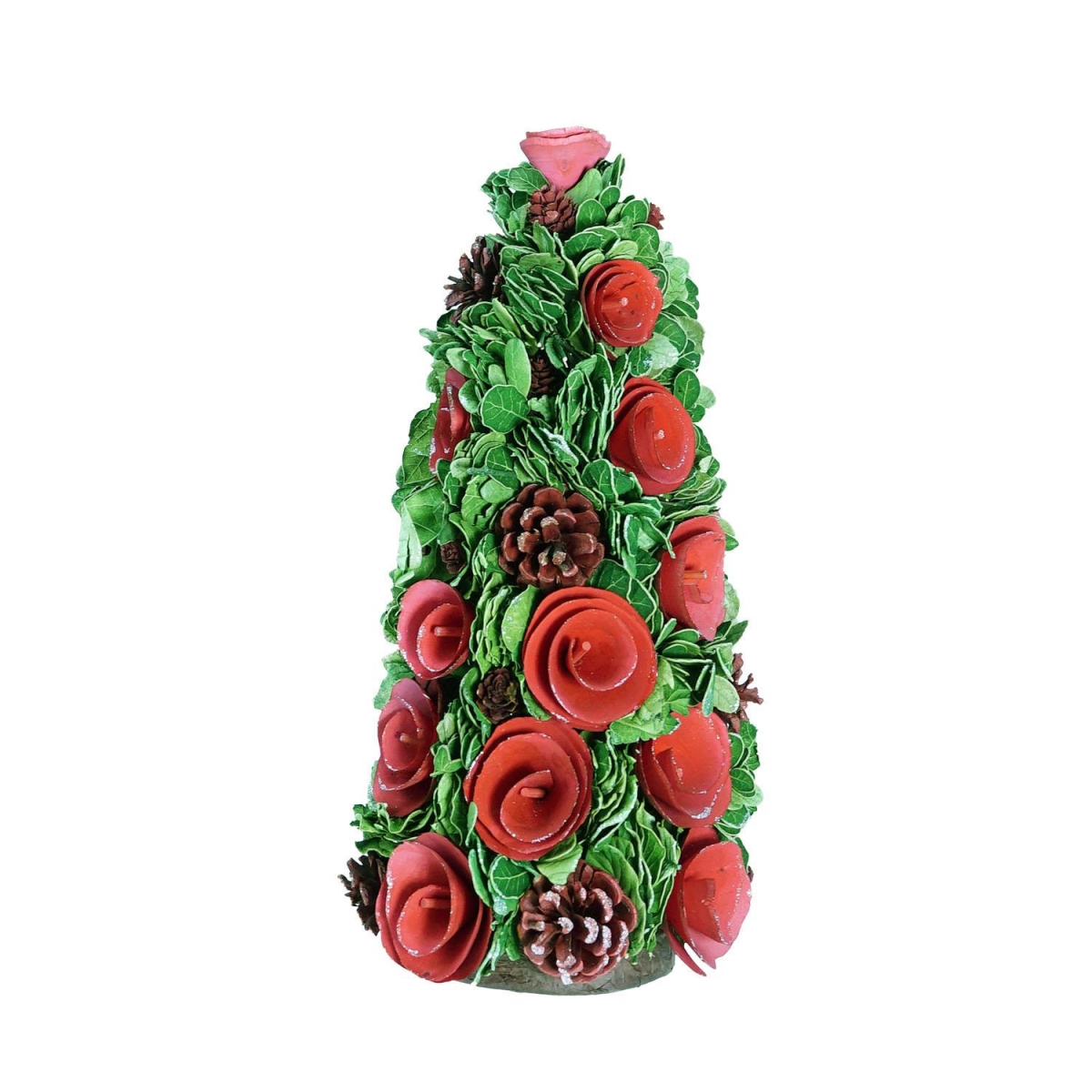 32283915 15.75 In. Red Wood Rose Flower & Pine Cones Christmas Cone Tree Decoration