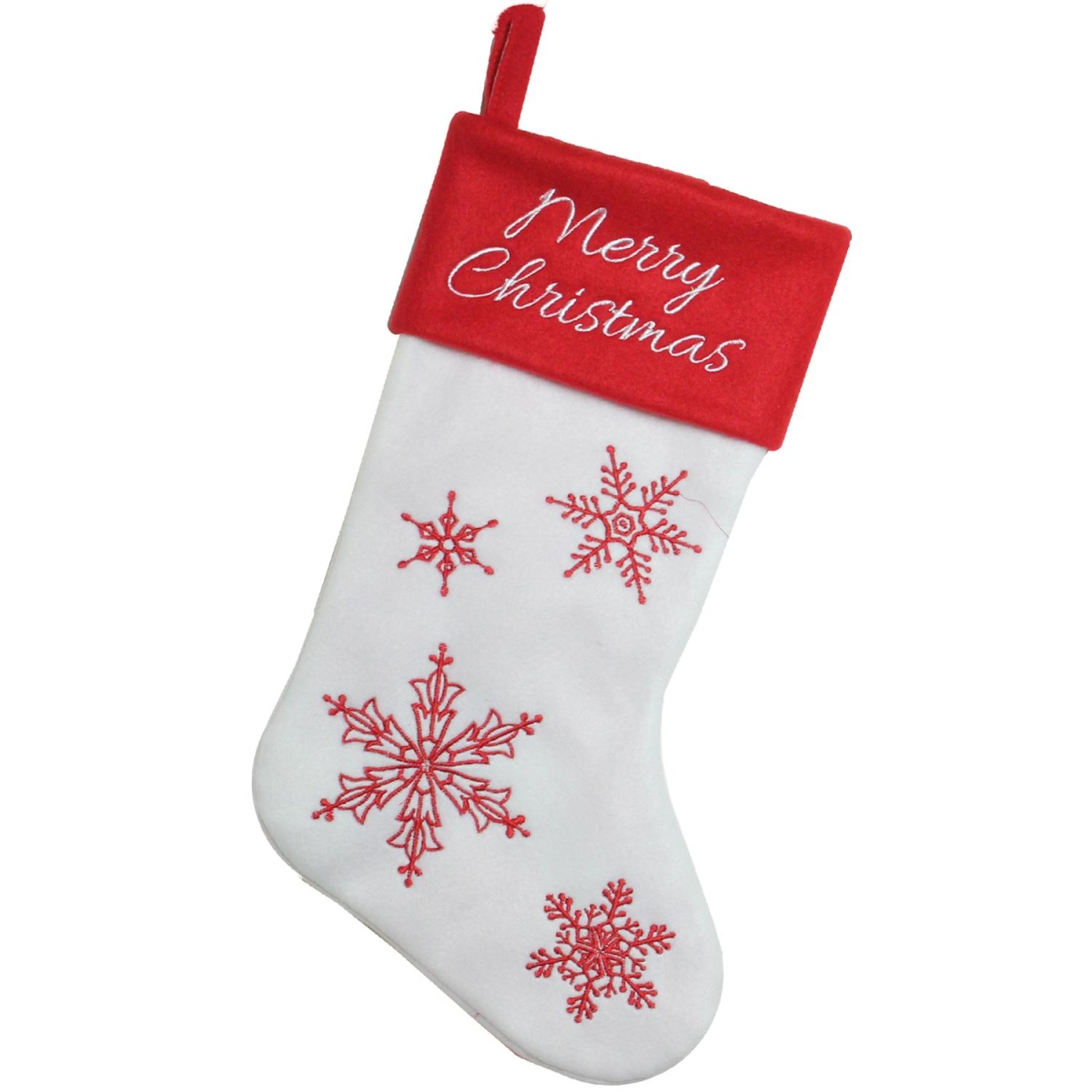 32585022 18 In. Red & White Merry Christmas Snowflake Embroidered Christmas Stocking