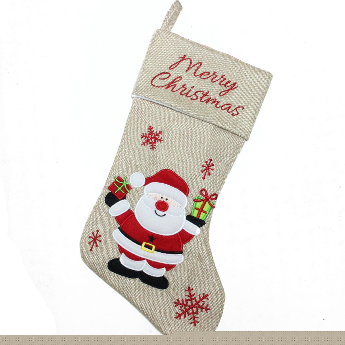 32585044 18 In. Burlap Merry Christmas Santa Claus Embroidered Christmas Stocking