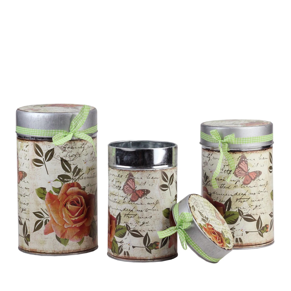 32555265 7.5 X 8.5 X 9.5 In. Vintage Spring Rose & Butterfly Stackable Metal Canisters, Set Of 3