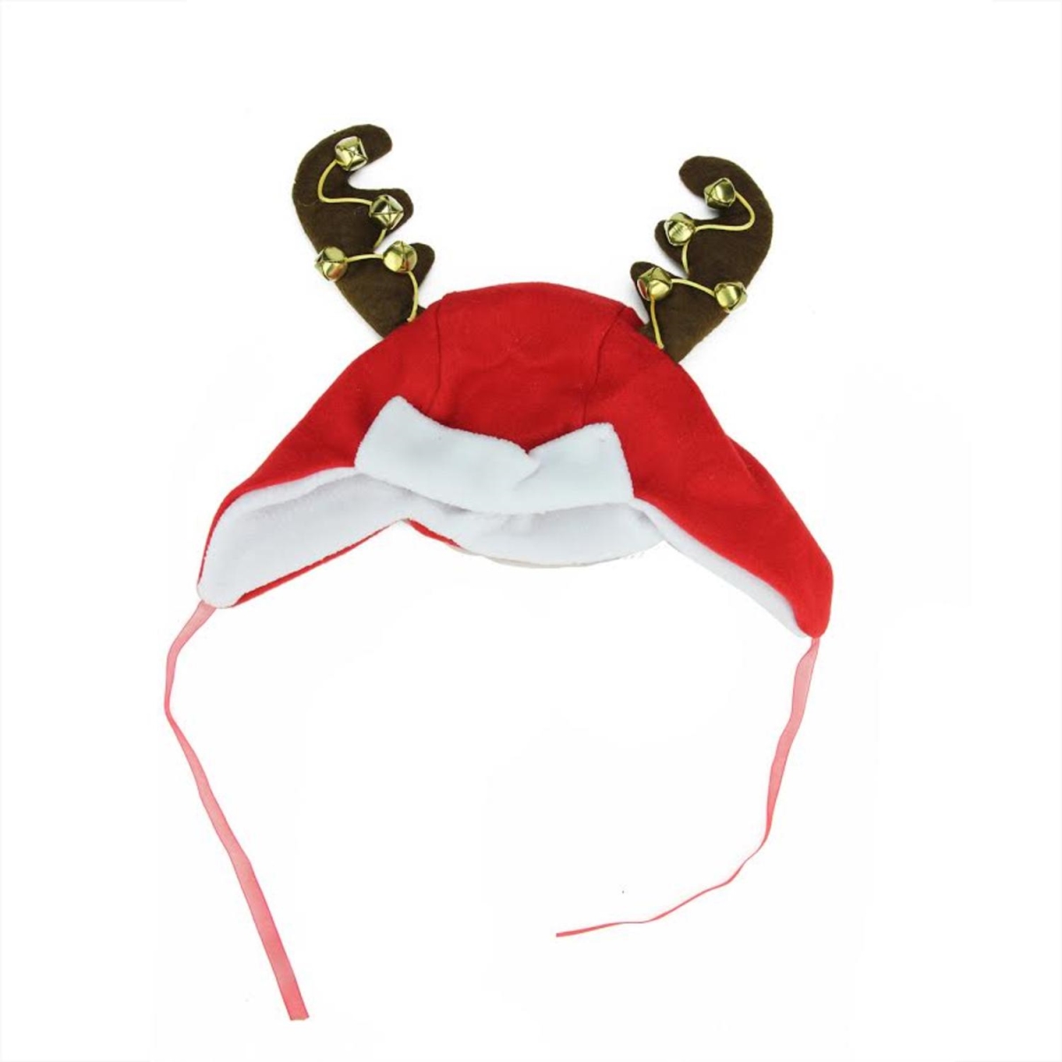 32269892 17 In. Plush Red & White Christmas Winter Trapper Hat With Jingle Bell Reindeer Antlers