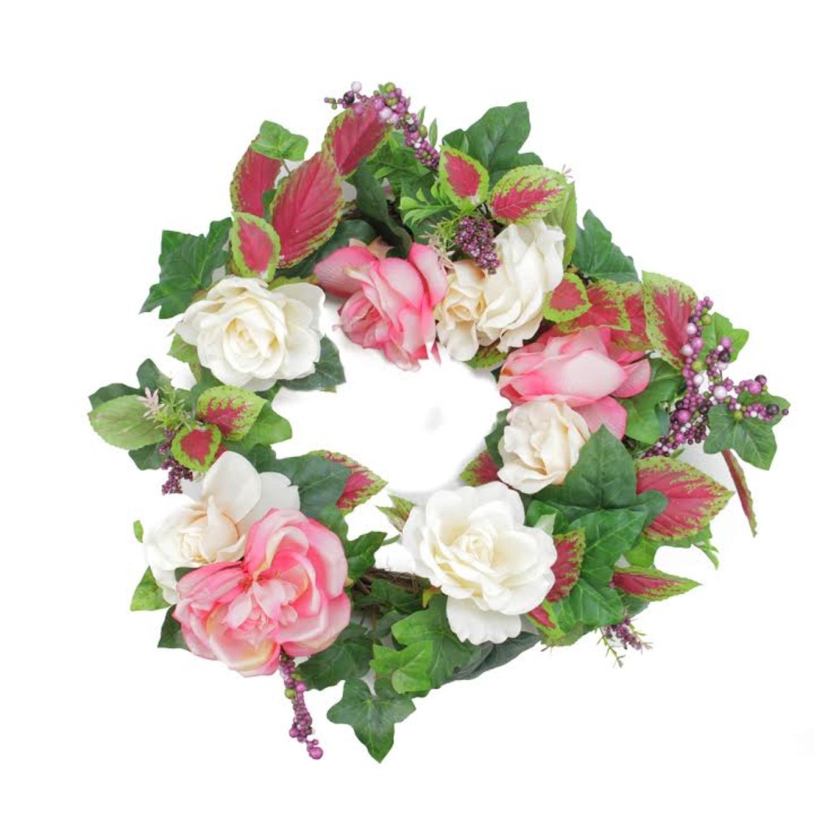 32038122 22.5 In. Decorative Cream & Pink Rose Flowers & Berries Artificial Spring Floral Wreath