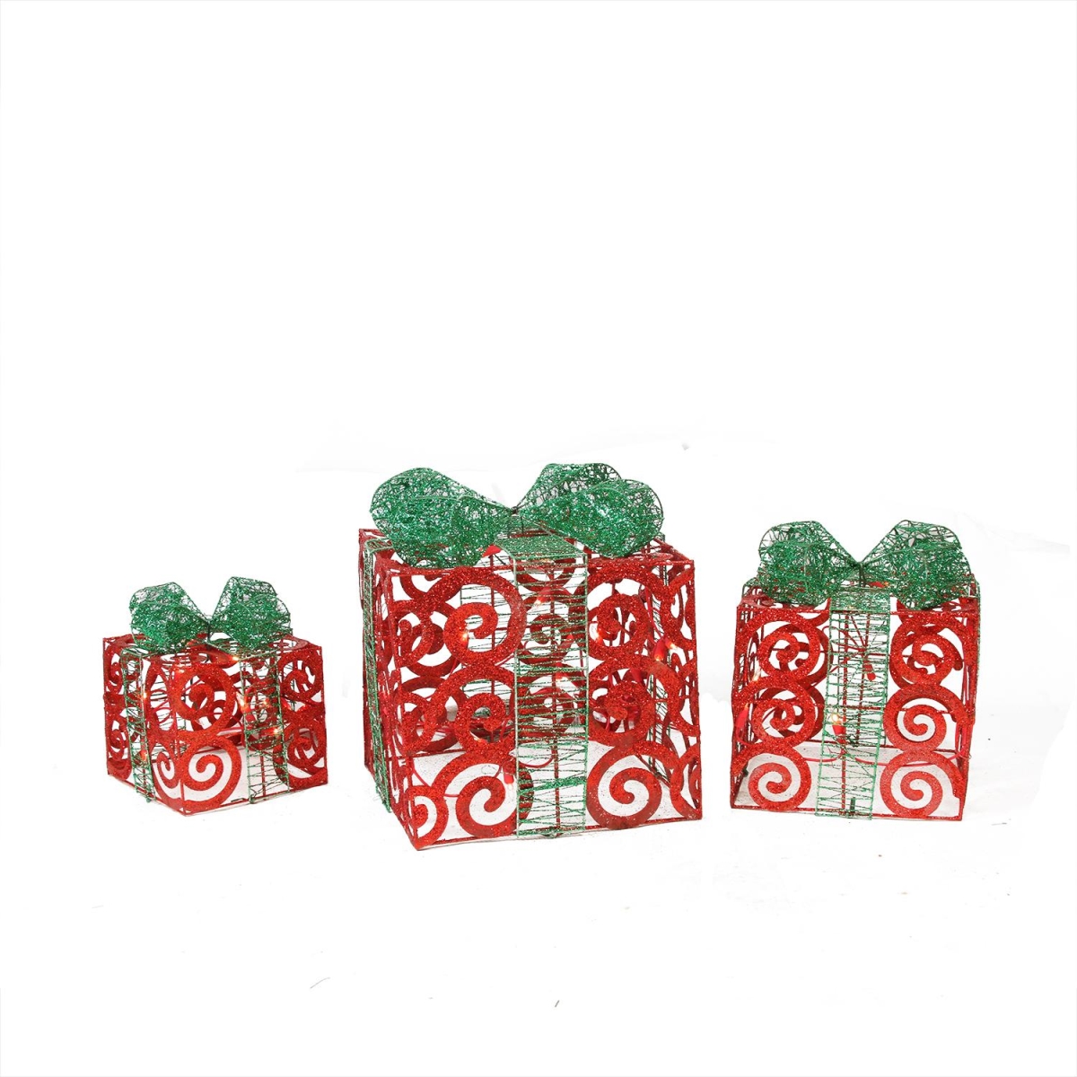 Lighted Sparkling Red Swirl Glitter Gift Boxes Christmas Yard Art Decorations - Set Of 3