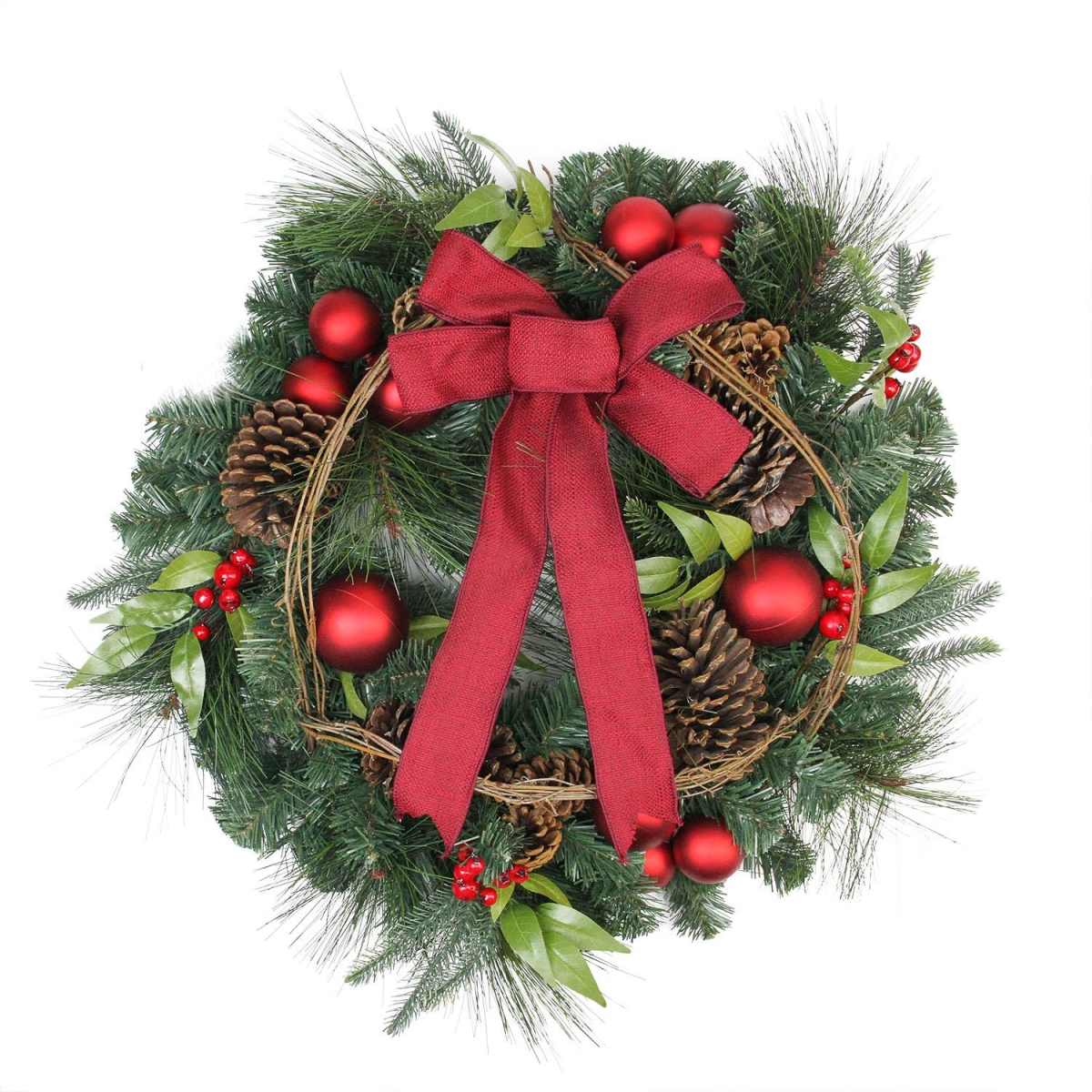 32275664 24 In. Pine With Red Ball Ornaments & Pine Cones Artificial Christmas Wreath - Unlit