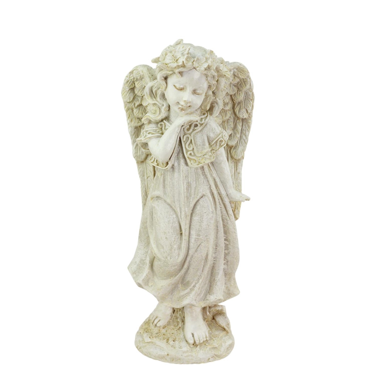 32038415 10.25 In. Heavenly Gardens Distressed Ivory Angel Girl With Floral Crown Outdoor Patio Garden Statue