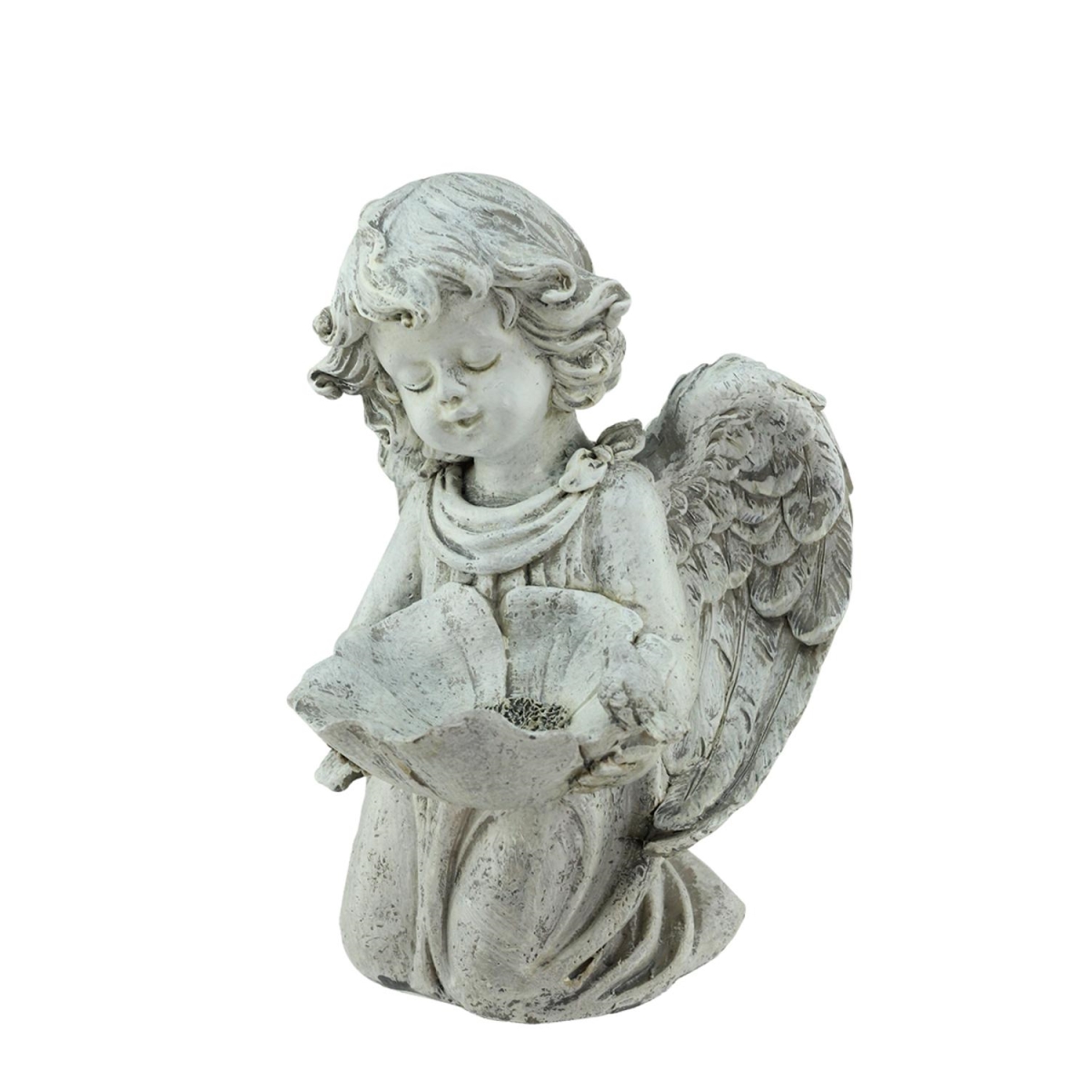 32037240 9.5 In. Heavenly Gardens Distressed Kneeling Cherub Angel Bird Feeder Outdoor Patio Garden Statue