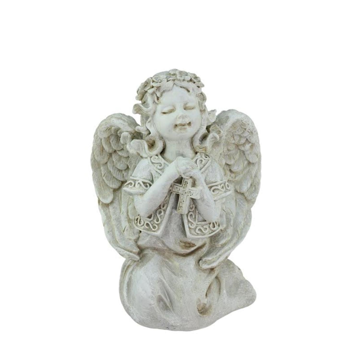 32022960 7 In. Heavenly Gardens Distressed Gray Praying Angel Girl With Cross Outdoor Patio Garden Statue