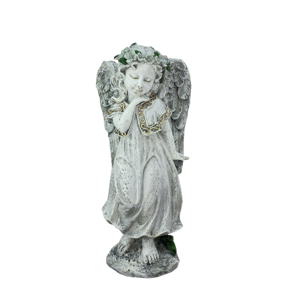 32038417 10.25 In. Heavenly Gardens Distressed Gray Angel Girl With Floral Crown Outdoor Patio Garden Statue