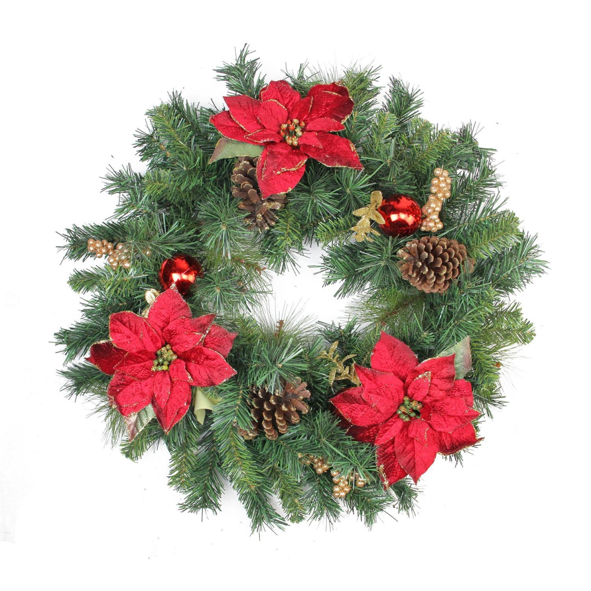 32275668 24 In. Pine Poinsettia Berry & Pine Cone Artificial Christmas Wreath - Unlit