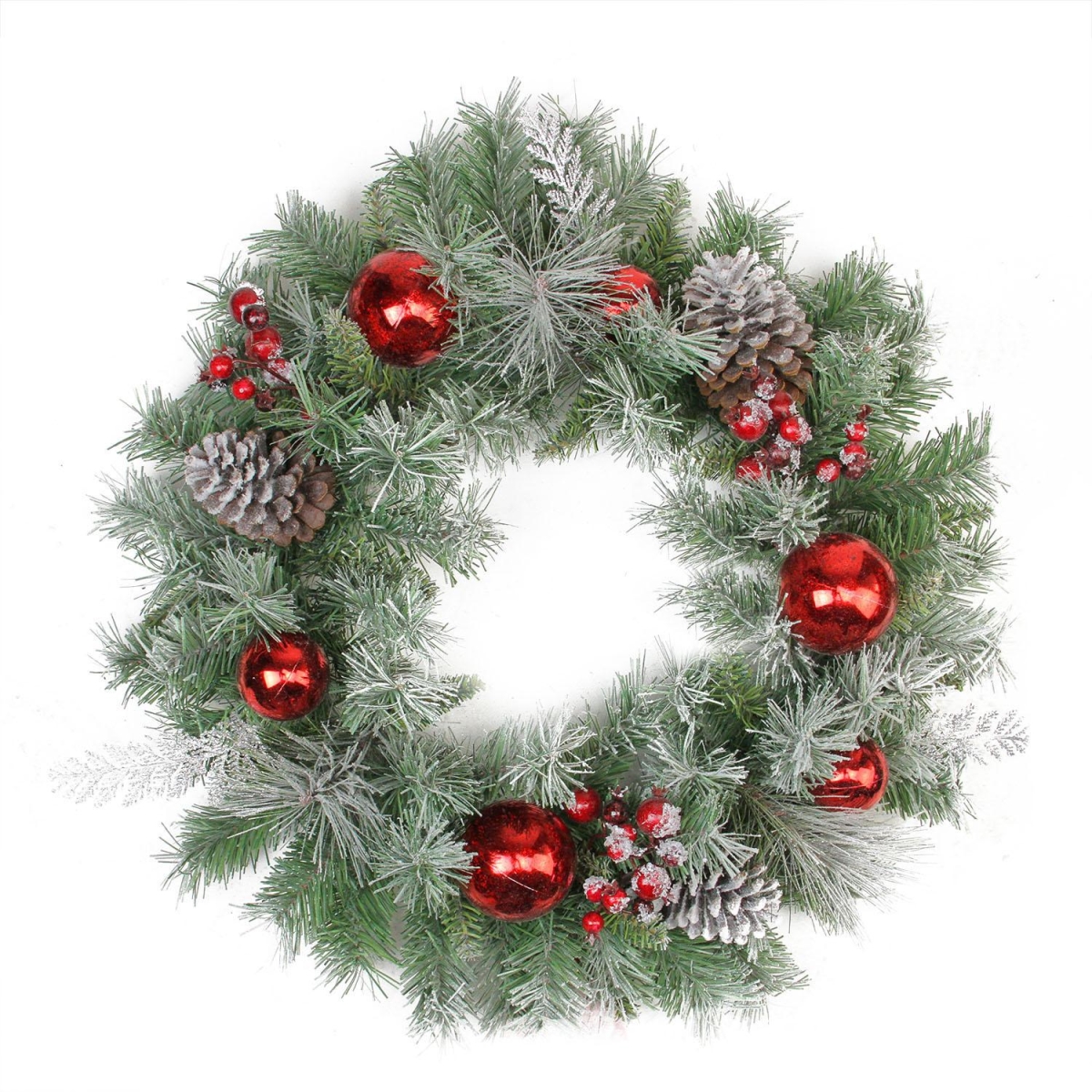 32275669 24 In. Flocked Pine, Red Ball, Berries & Silver Cedar Artificial Christmas Wreath - Unlit
