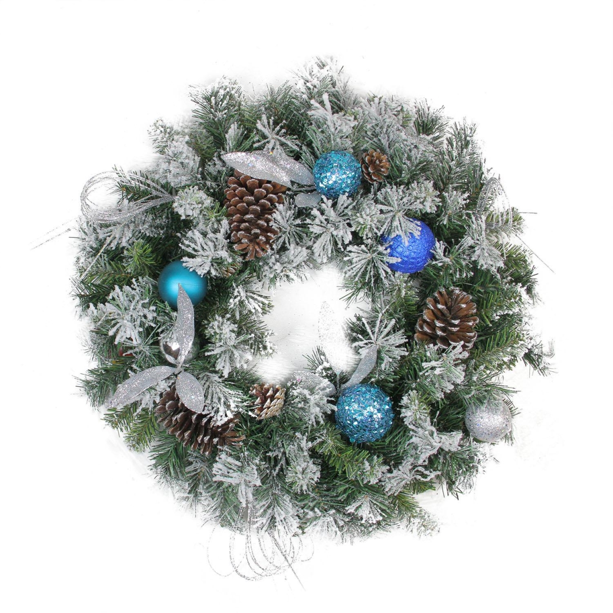 32275673 24 In. Teal & Silver Ball Flocked With Pine Cones Artificial Christmas Wreath - Unlit