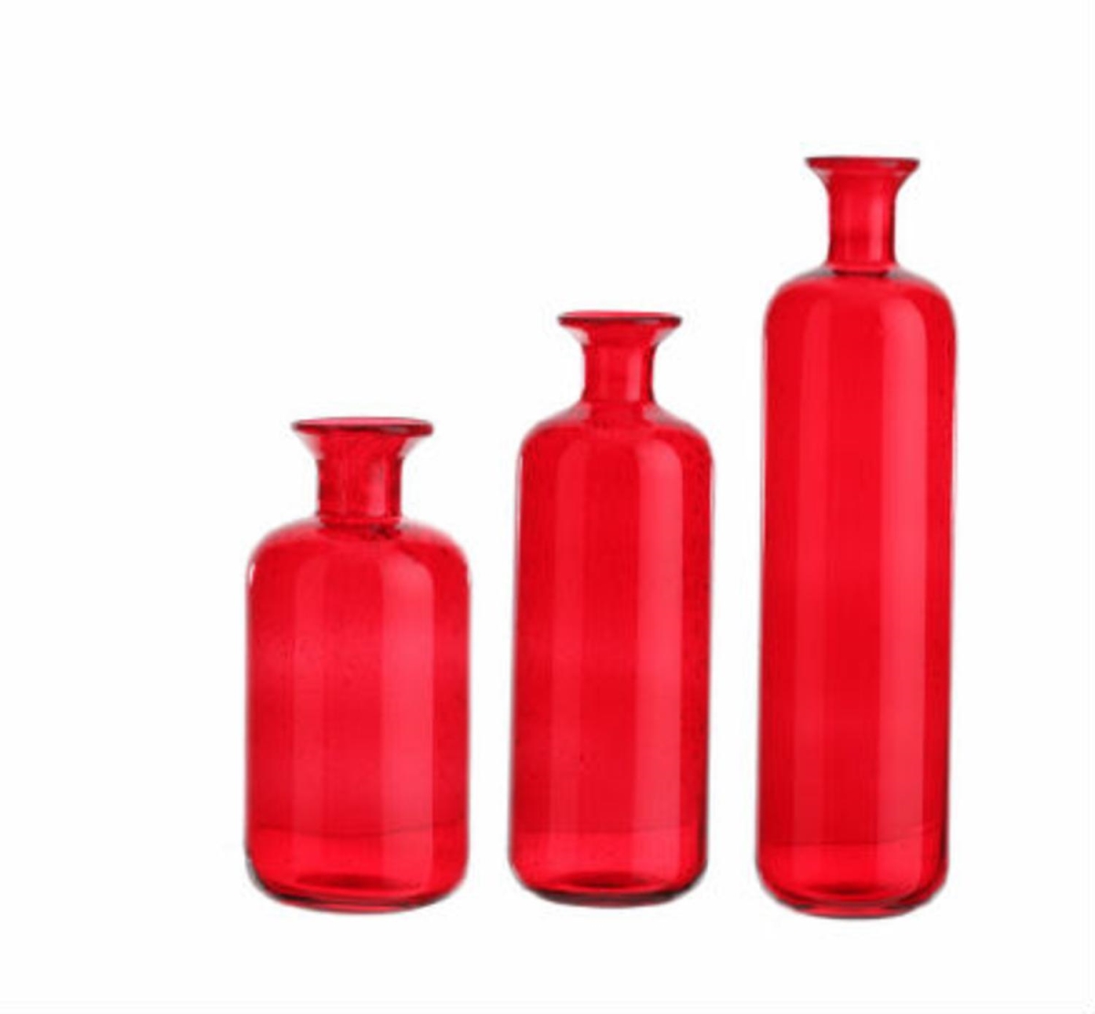 30790377 Translucent Candy Apple Red Decorative Glass Bottle, Set Of 3
