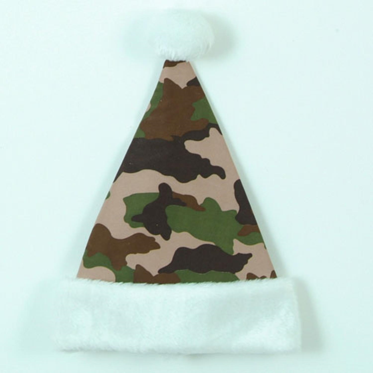 30860988 14 In. Brown Tan & Green Camouflage Print With White Cuff Christmas Santa Hat