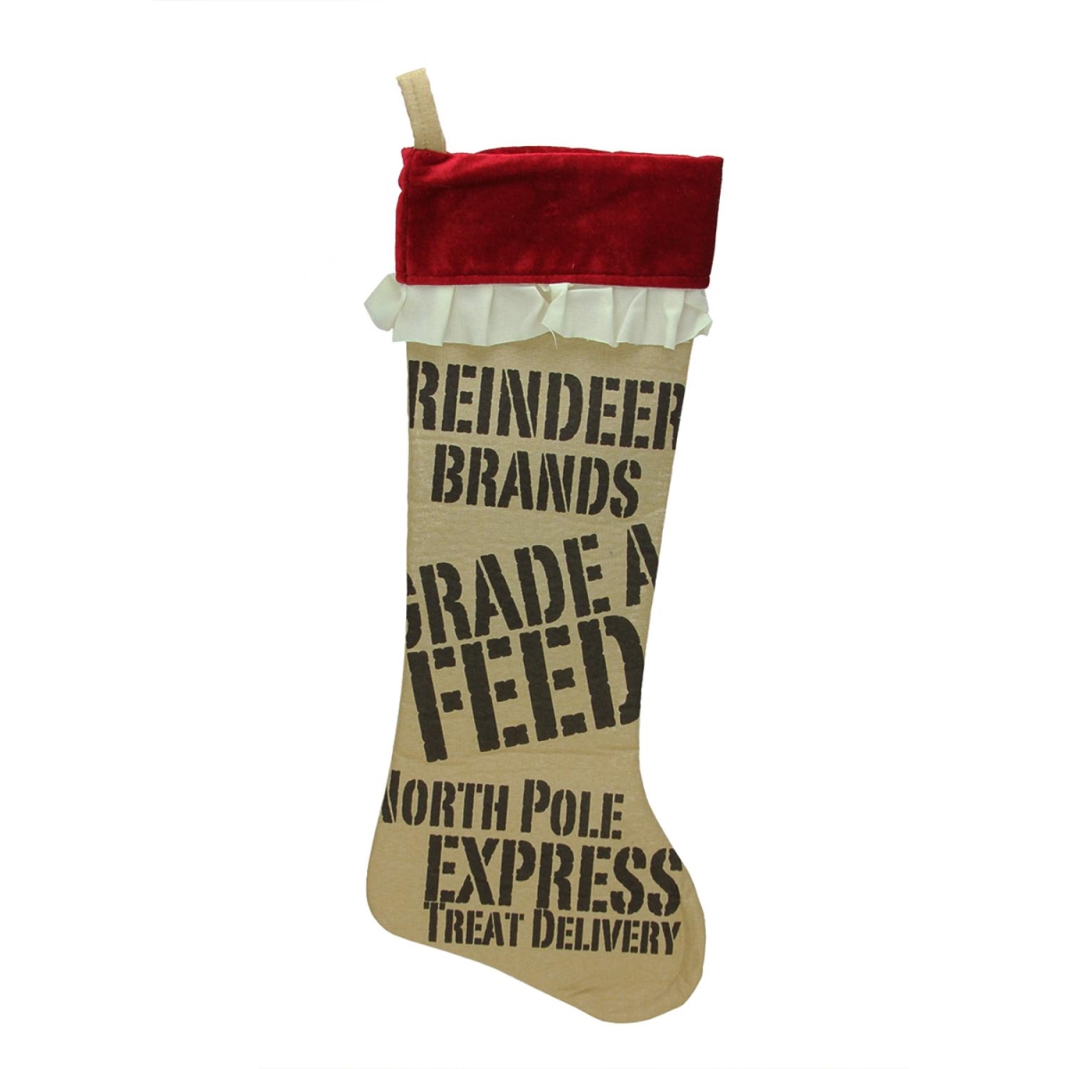 31375466 24 In. Oversized Beige Reindeer Feed Sack Christmas Stocking With Red & Cream Frill Cuff