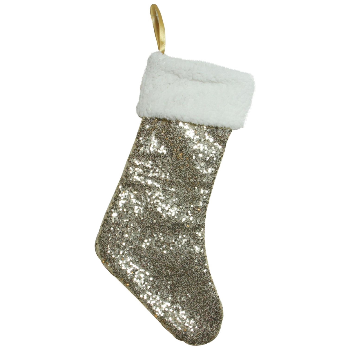 32606160 18 In. Gilded White Christmas Gold Sequined Stocking With White Cuff