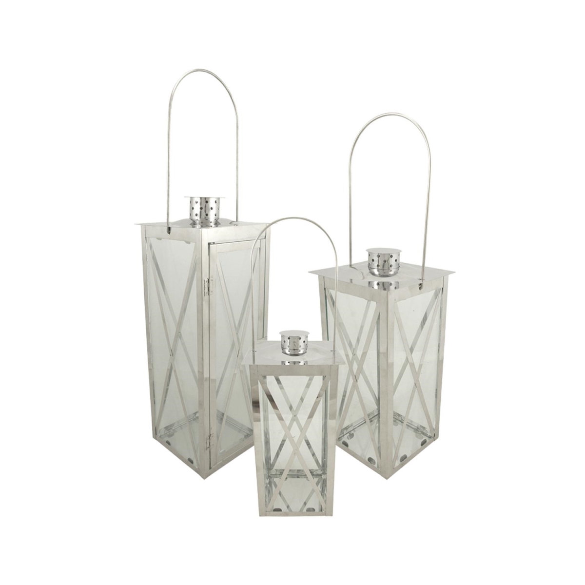 31320386 18 In. Silver Stainless Steel Finish Cottage Style Pillar Candle Holder Lantern, Set Of 3