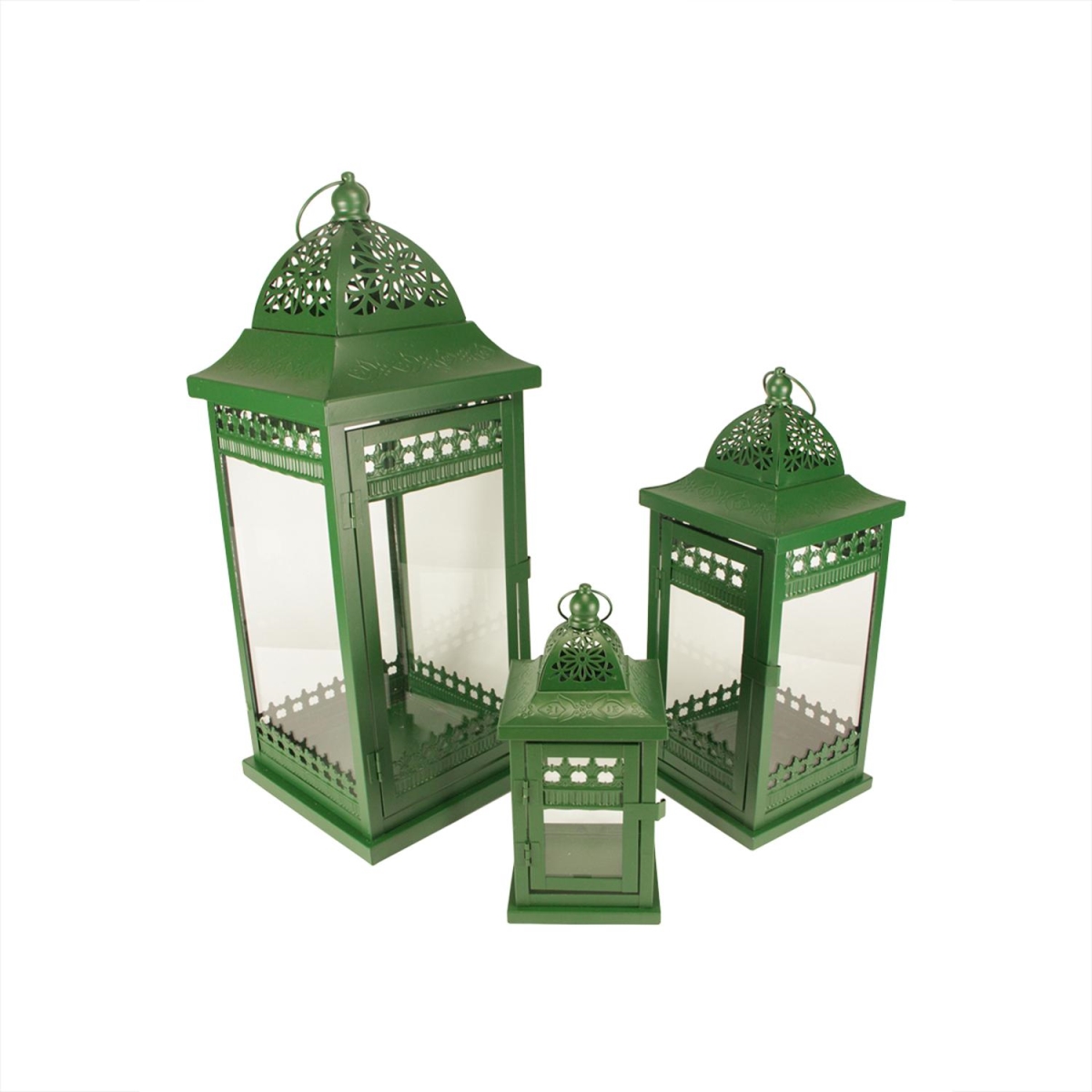 31320310 20.5 In. Green Garden Getaway Ornate Pillar Candle Holder Lantern, Set Of 3