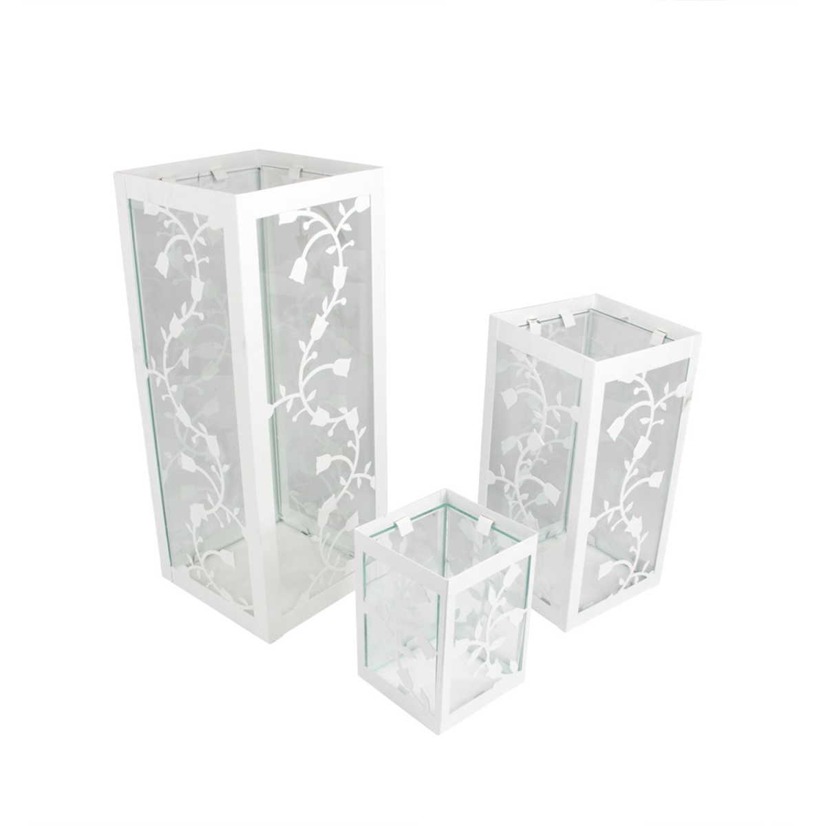 31320322 12 In. White French Country Garden Floral Pillar Candle Holder Lantern, Set Of 3