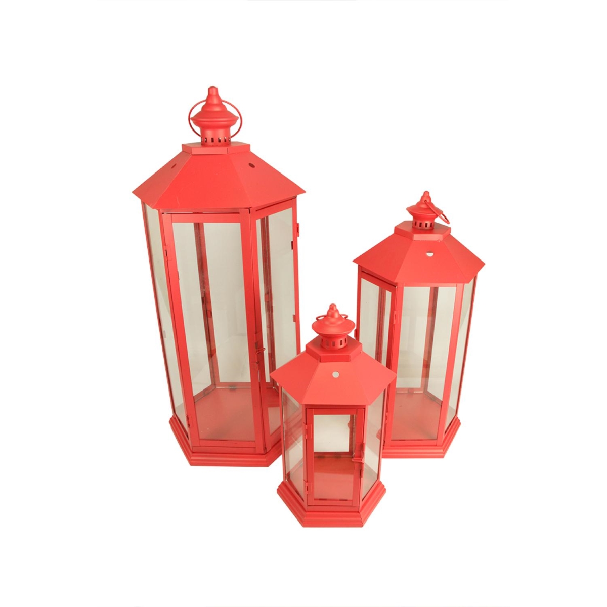 31320447 27 In. Red Traditional Style Pillar Candle Holder Lantern, Set Of 3