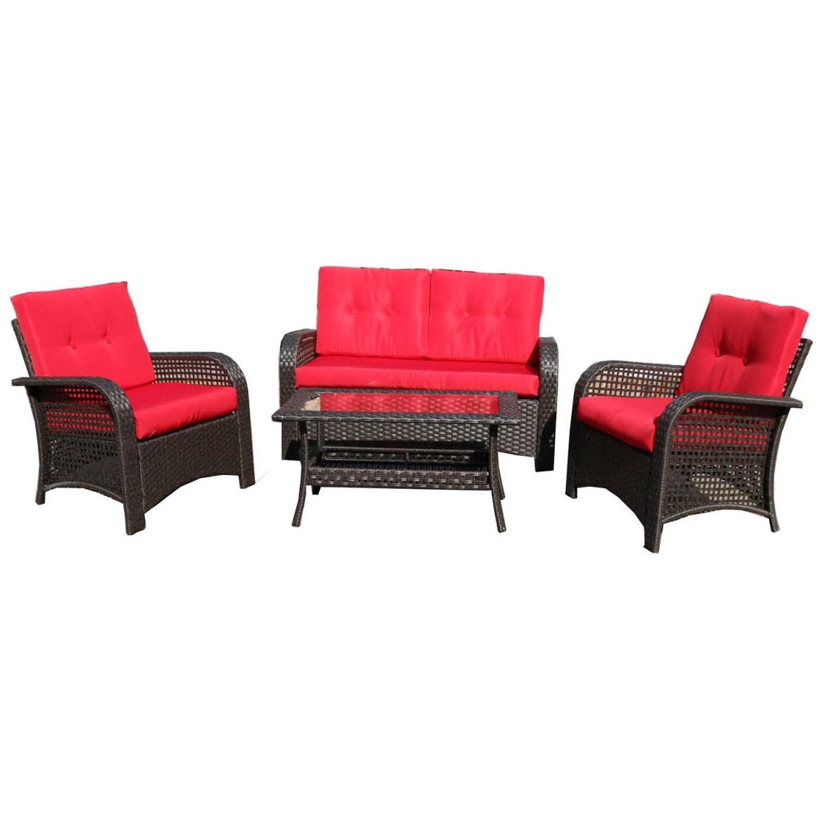 32591323 4 Piece Brown Resin Wicker Outdoor Patio Furniture Set - Red Cushions