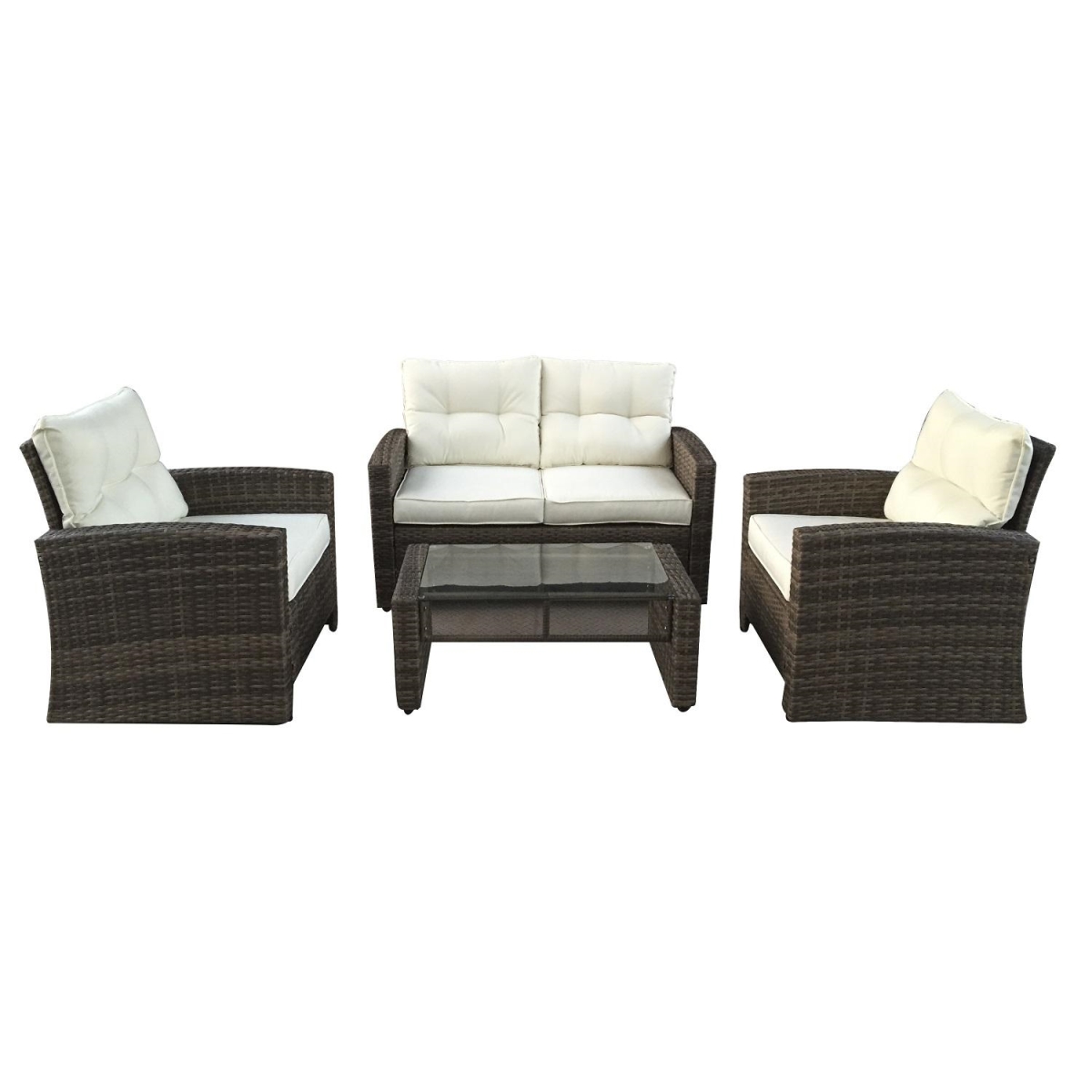 32591333 4 Piece Two-tone Brown Rattan Outdoor Patio Furniture Set - Beige Cushions