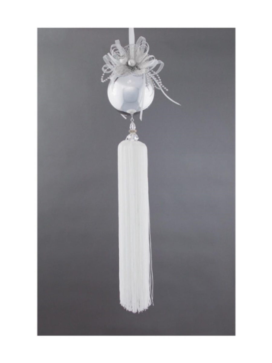 16190345 21 In. Snow Drift Fancy Silver Ball With White Tassel Christmas Ornament