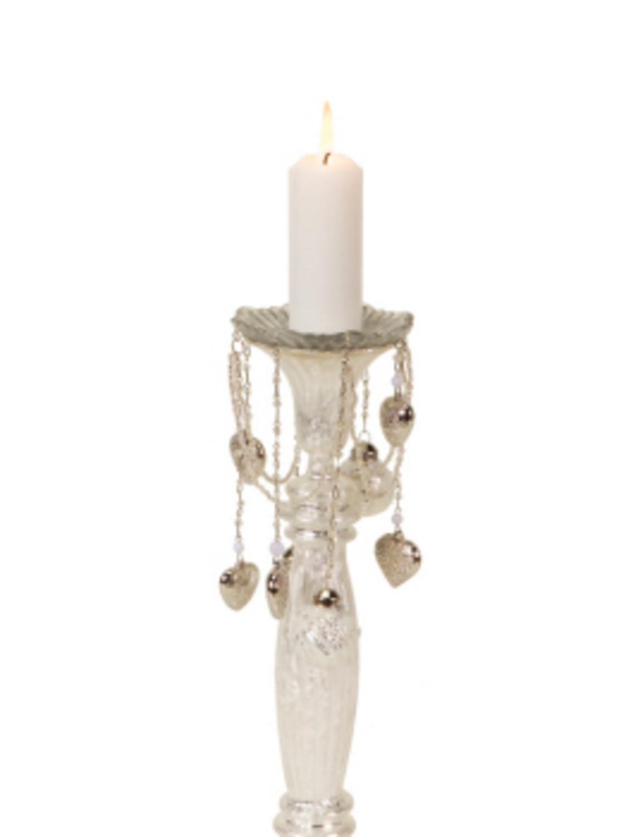 30656968 6.5 In. Frosted White & Silver Glass Bobeche Candle Ring With Hanging Heart Charms