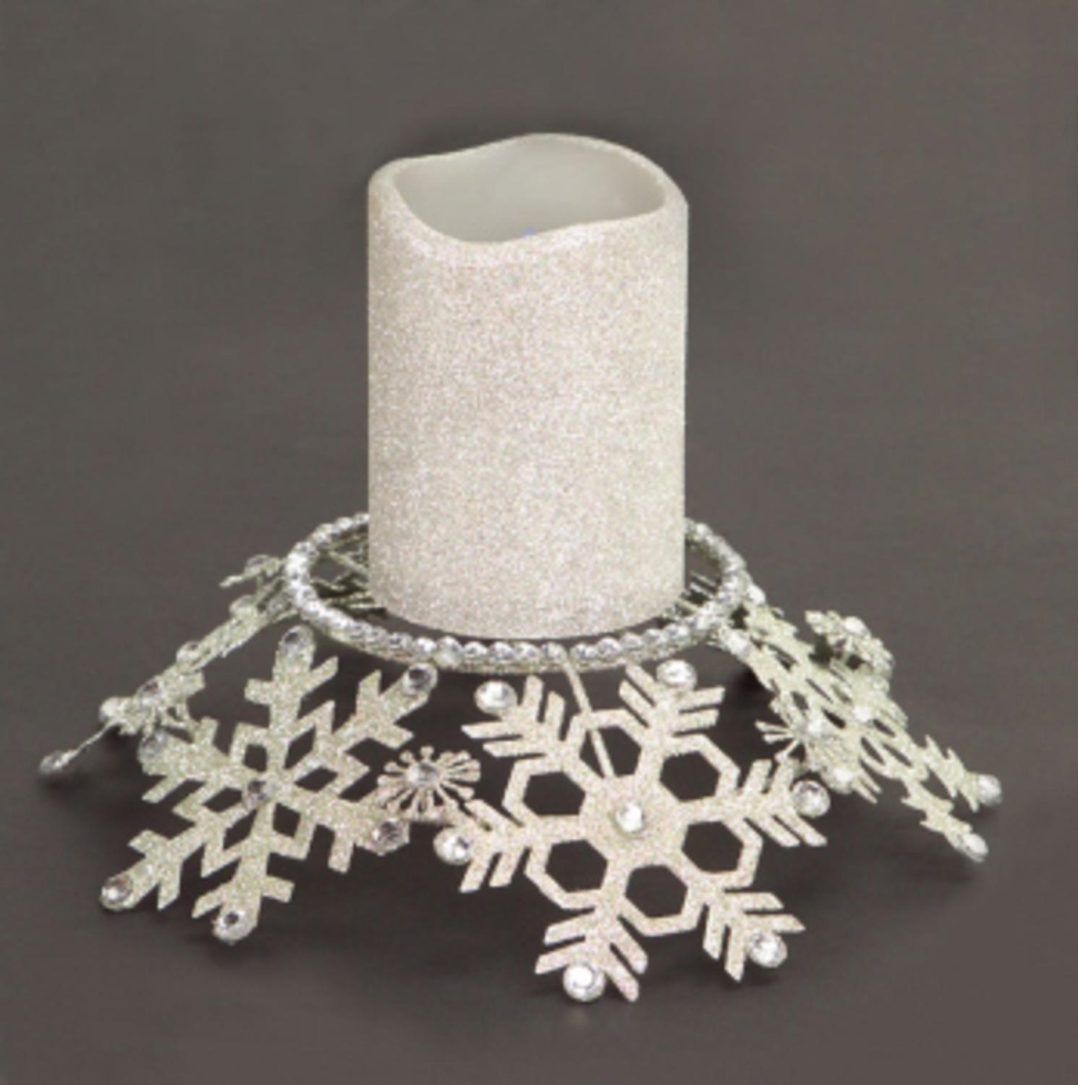 30929818 9 In. Silver Snow Drift Snowflake Glittered & Jeweled Pillar Candle Holder