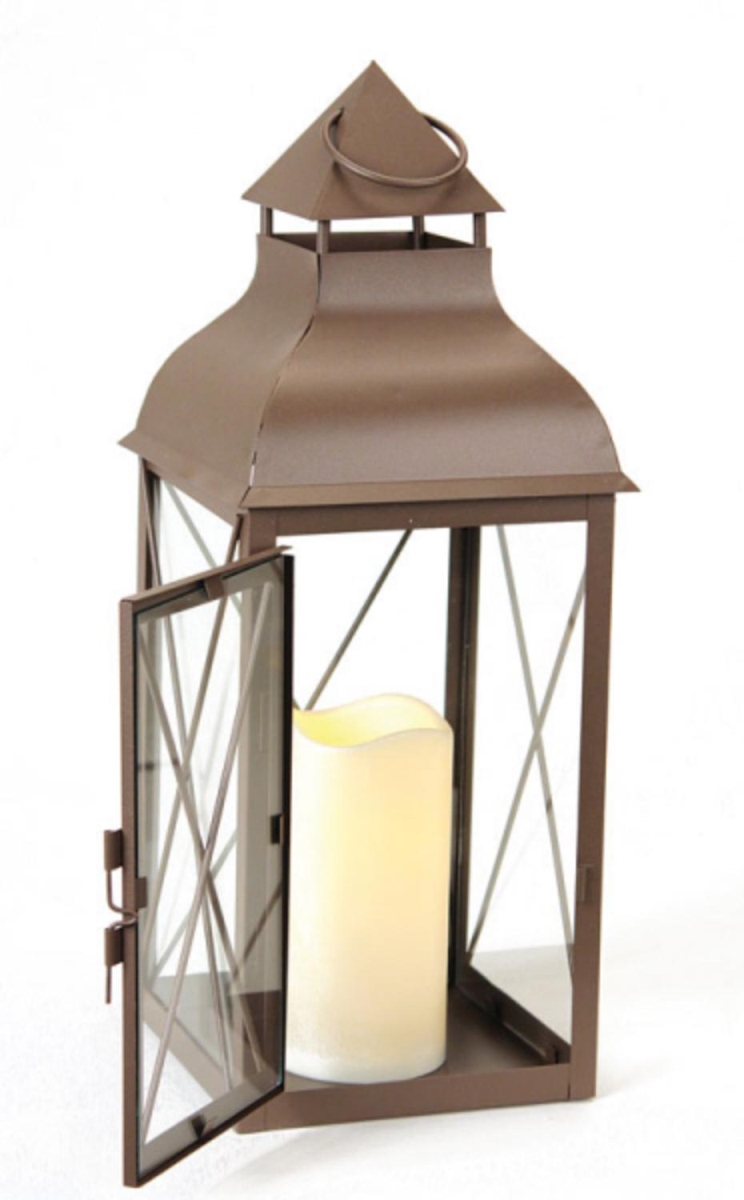 31054558 16.75 In. Cottage Style Metallic Brown Lantern With Flameless Led Pillar Candle