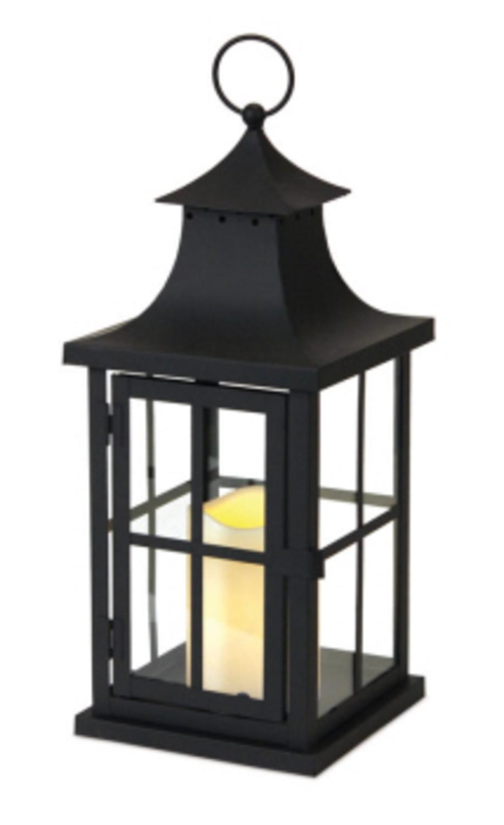 31013066 14 In. Asian Inspired Black Iron Lantern With Led Flameless Pillar Candle