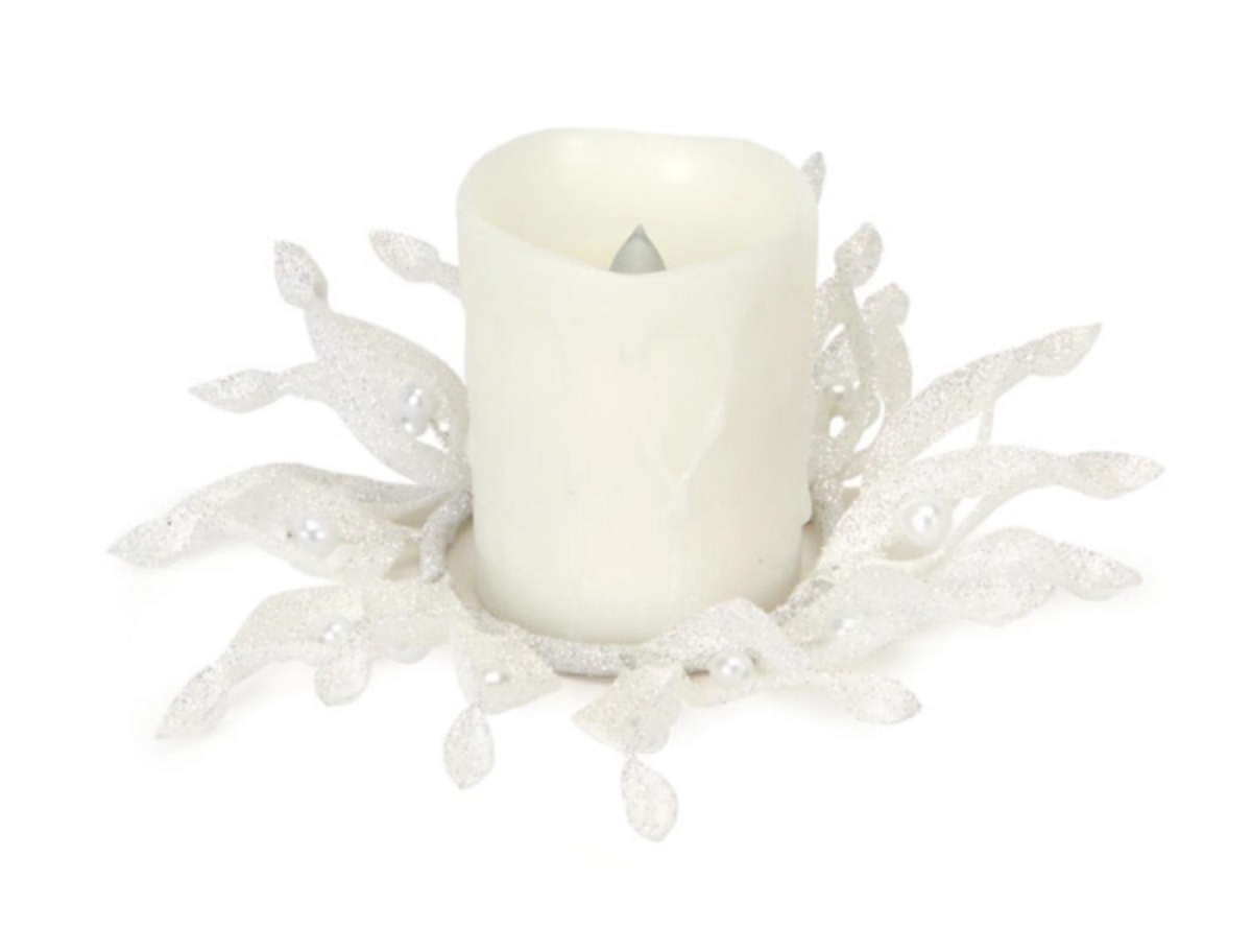 31452511 9 In. Sparkling Whites Glittered White Christmas Candle Ring Holder